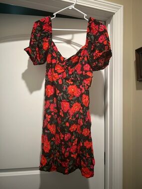 Floral Puff-Sleeve Mini Dress - Black with Red Floral